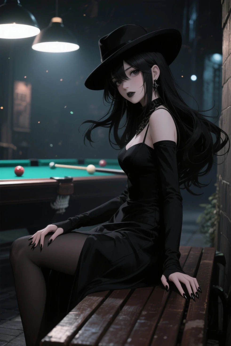 ((dark fantasy art)), beautiful demon girl, glossy black cylinder hat, ((black skin)), dark black skin, black skin, ((ash skin)), ((black glossy skin)), wet skin, long black hair, long bangs, sits with cat, ((drinking vine from bottle)), (short clothing), open belly, highly detailed art, detailed tavern background