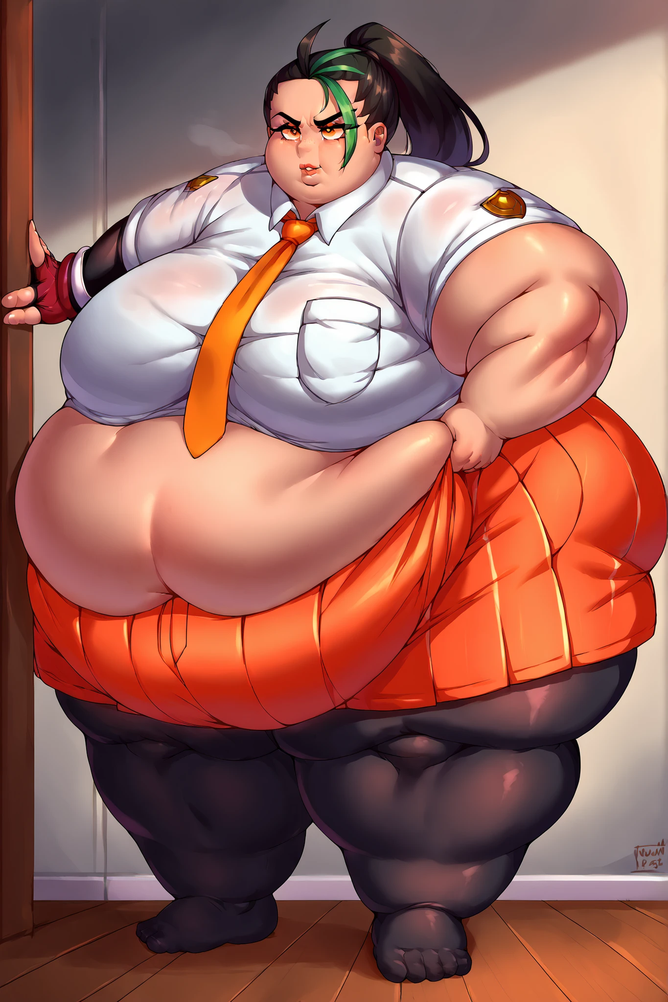 Le personnage Makima de la série animée Chainsaw Man, two girls, fragile, obésité morbide, ssbbw, pleine longueur (corps entier 1.1.), fond sombre, obscurité, anatomie correcte 1.1, anatomie correcte de la main, Très féminin, corps gras et rond, grosses Jambes, fesses, beau corps obèse, ventre rond et mou très gras, cheveux roux, Yeux oranges, Cercles rouges pour les écoliers, chemise blanche, jupe noire, cravate noire, pose sexy, réaliste, very détaillé, beau corps, détaillé body, détaillé hands, détaillé, vibrant, détaillé Face, Conception des personnages de Makima. very détaillé, détaillé body, détaillé hands, détaillé Face, Art animé, Hugh Détails, Visage très abattu, détaillé eyes, Illustration ultra fine, Meilleure ombre, détail fin, beautiful détaillé glow, beautiful détaillé, Extraordinairement beau, extremely détaillé, inexpressif, composition épique, Style animé. art animé, Style animé. Jupe noire, chemise blanche, cravatte, pose sexy. Double menton, visage très gras, grosses joues, joues potelées