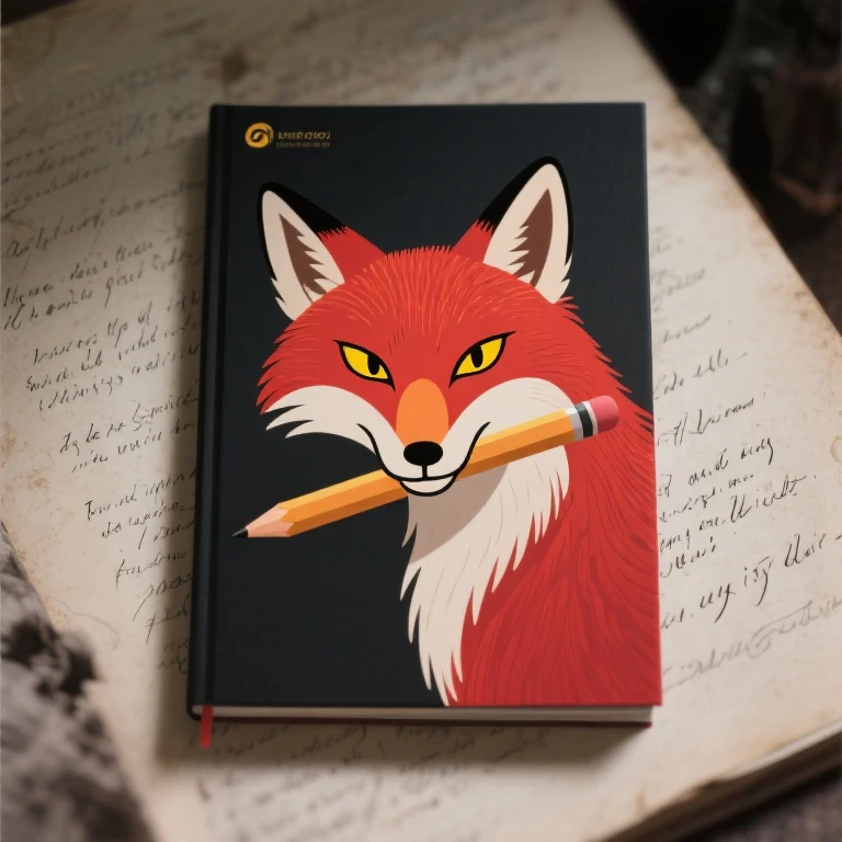 Create a poetic book layout featuring a sleek logo of a fox's head (cartoon animal) holding a paint brush in its mouth. The fox is looking directly at the viewer with a discerning (as if subtly staring into viewer's soul) from direct front view, contemplative gaze, its elongated snout pointed slightly downward, obscuring its mouth. In the background, include ambiguous, handwritten poetry that appears faded or blurred to create depth and mystery. The fox overlaps the poetry, which is positioned behind it, symbolizing inspiration and creativity. Beautiful, masterpiece, high detail. Bright Red Fur, Yellow Eyes, Slit Pupils. Sharply Defined Cheek Fur.