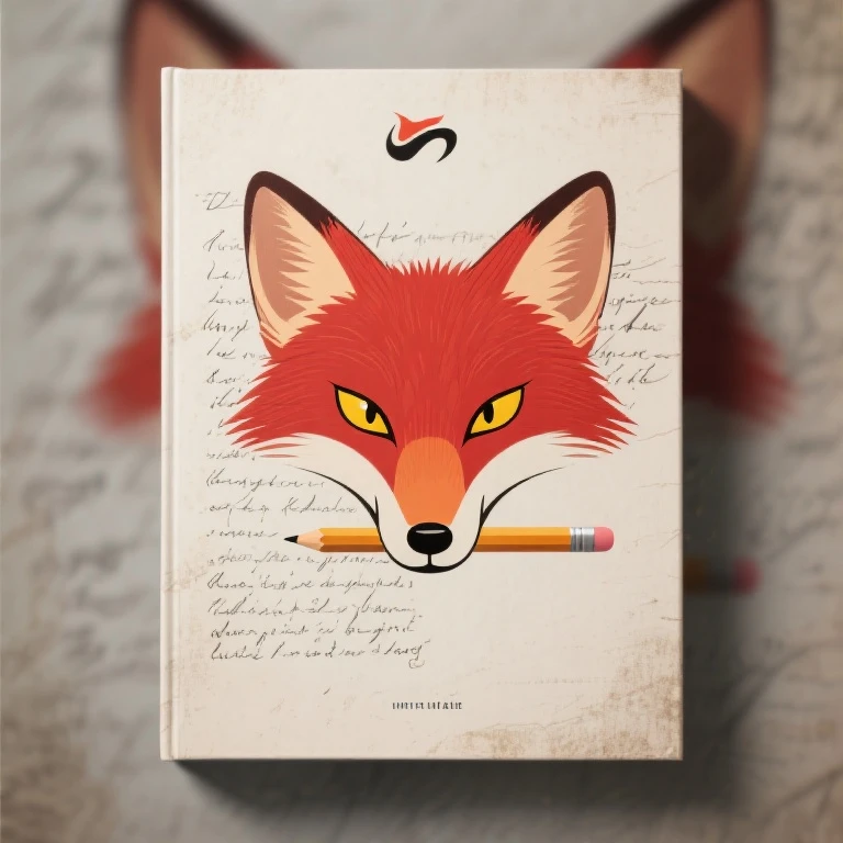 Create a poetic book layout featuring a sleek logo of a fox's head (cartoon animal) holding a paint brush in its mouth. The fox is looking directly at the viewer with a discerning (as if subtly staring into viewer's soul) from direct front view, contemplative gaze, its elongated snout pointed slightly downward, obscuring its mouth. In the background, include ambiguous, handwritten poetry that appears faded or blurred to create depth and mystery. The fox overlaps the poetry, which is positioned behind it, symbolizing inspiration and creativity. Beautiful, masterpiece, high detail. Bright Red Fur, Yellow Eyes, Slit Pupils. Sharply Defined Cheek Fur.