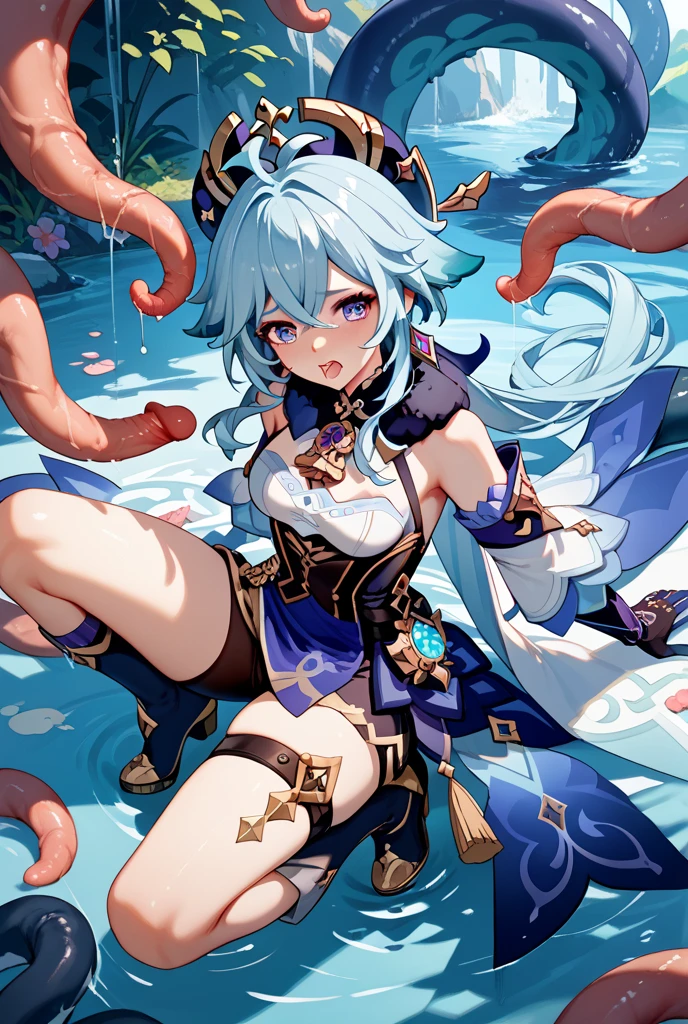 Beautiful girl with blue-green hair,With a petite figure,Purple pupils,with hair dishevelled,Super Long Straight Hair,beautiful bangs,Long dragon horns on the head,White Hanfu with the dragon logo,Ride on a super-large cyan dragon,With a sunny smile on his face,Wear dragon hoof-shaped boots,dragon girl,Beast Girl,Stroke the dragon's head,Full body photo