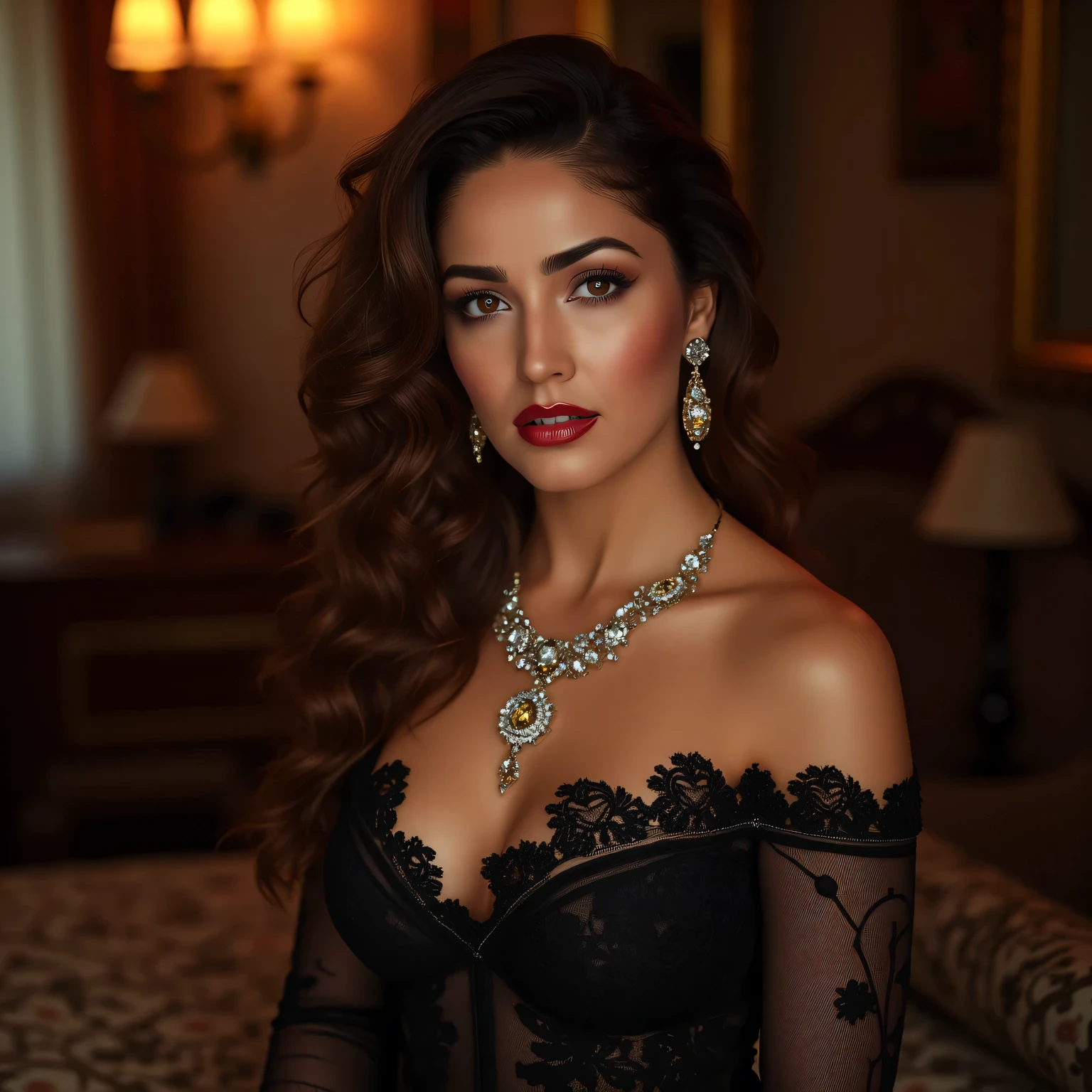 Create an ultra-realistic image of a modern, attractive female influencer of Indian descent, aged between 27 to 30. She should have a warm and inviting smile, expressive almond-shaped eyes with a slight shimmer, and clear, glowing skin with a medium brown complexion. Her features should be well-defined, with high cheekbones and a sharp jawline. Her hair should be a deep, reddish-purple hue that’s bold yet sophisticated, styled in an intricate updo with curls and volume. She should have a slender yet athletic build, reflecting a healthy and active lifestyle.
She is wearing a wrap dress, flattering for any figure, in patterns like animal print, floral, or solid colors like navy, green, and pink. The dress highlights her toned figure and emphasizes her bust size, which is medium (42-44 inches), offering a balanced and proportionate look. Her outfit is completed with stylish black heeled sandals that add elegance to her look. She accessorizes with subtle yet chic jewelry, such as small hoop earrings and a few thin bangles.
The background should be an elegant ballroom with classic and opulent settings, featuring chandeliers and grand decor. Her overall appearance should exude confidence, approachability, and sophistication, capturing the essence of a contemporary Indian fashion influencer.