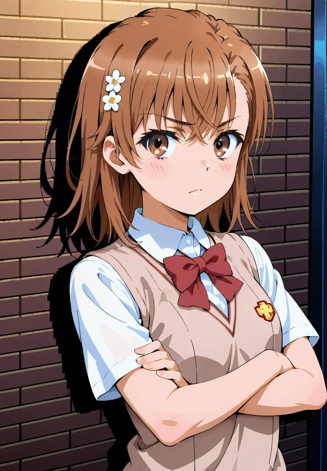 (((pixel perfect, detail perfect))), alone, 1 girl, Misaka Mikoto, Tokiwadai School Uniform, bow, looking at the viewer, crossed arms, closed mouth, Upper body