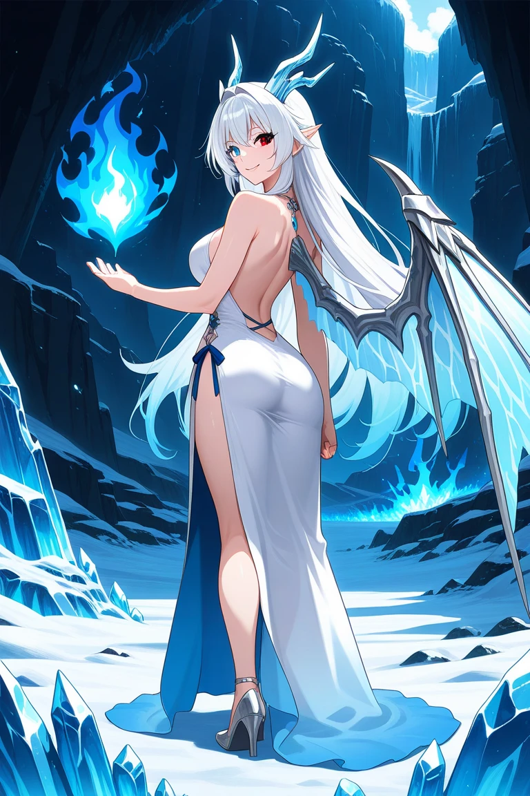 Anime girl, two-dimensional, with a pair of white dragon horns on her head and a pair of white dragon wings behind her