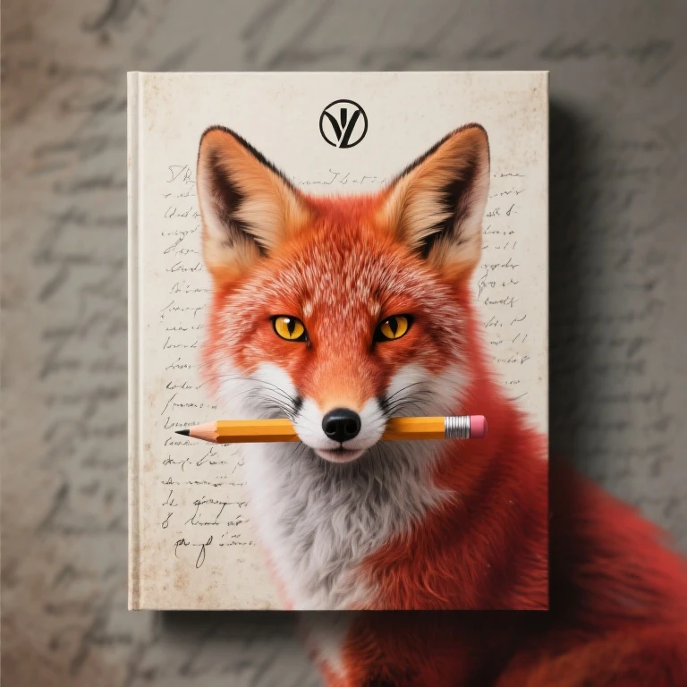 Create a poetic book layout featuring a sleek logo of a fox's head (cartoon animal) holding a paint brush in its mouth. The fox is looking directly at the viewer with a discerning (as if subtly staring into viewer's soul) from direct front view, contemplative gaze, its elongated snout pointed slightly downward, obscuring its mouth. In the background, include ambiguous, handwritten poetry that appears faded or blurred to create depth and mystery. The fox overlaps the poetry, which is positioned behind it, symbolizing inspiration and creativity. Beautiful, masterpiece, high detail. Bright Red Fur, Yellow Eyes, Slit Pupils. Sharply Defined Cheek Fur.