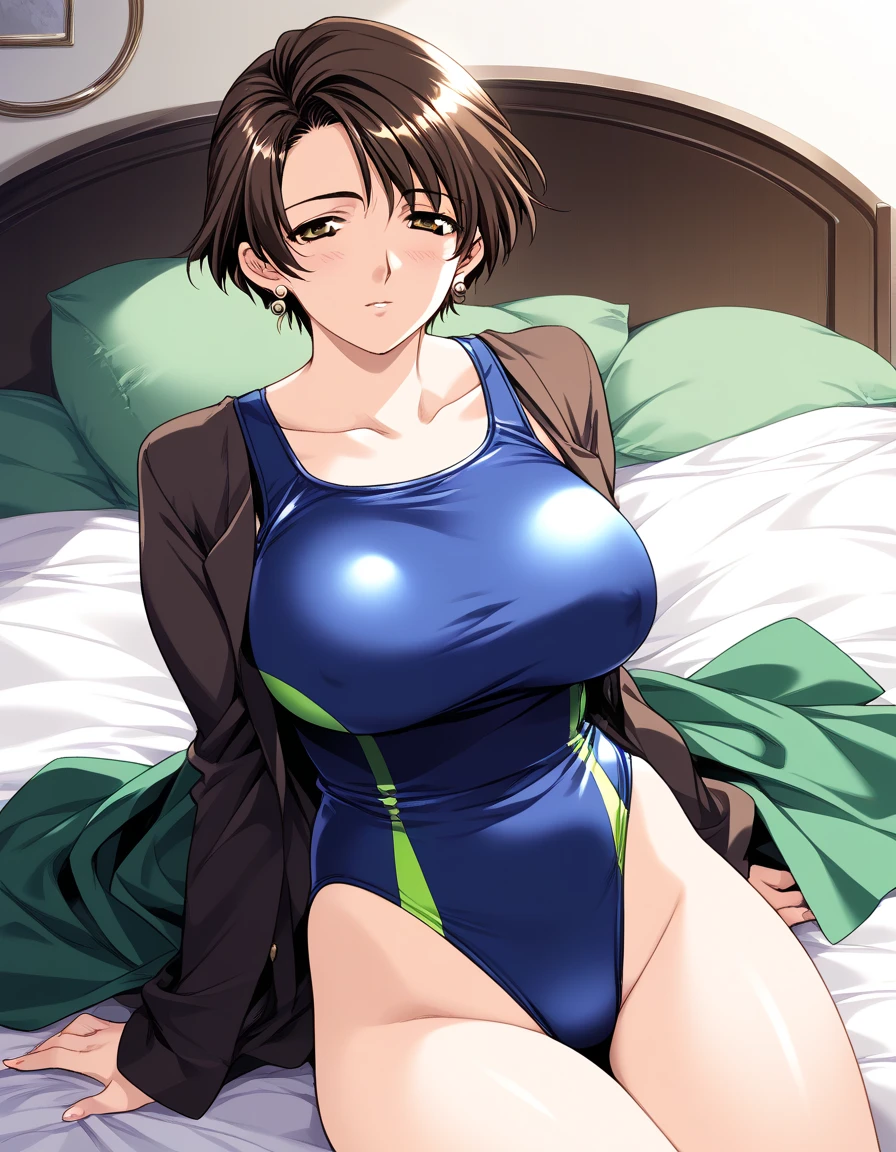 Best quality,masterpiece,brown hair,Purple evening dress,Big breasts,Perfect body,full-body shot,Cool poster,Wearing glasses,36 mature beauties,Single player anime style,seduces a young blackman,(strong and naked black man,short pants,muscle body,bodybuilder),(a young mom with big breasts,narrow waist,bare shoulders,(Purple evening dress, transparent black pantyhose, floral print, naked)background:bedroom,sitting on the bed
