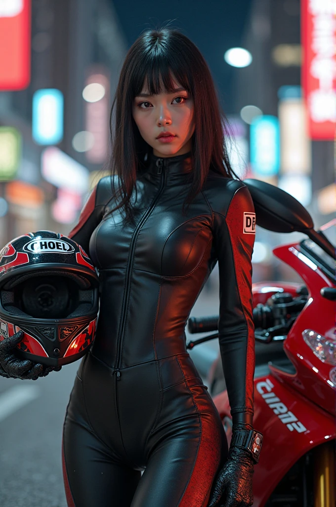 (highest quality、4k、8k、High Resolution、masterpiece: 1.2)、Super detailed、(Real、Photorealistic、Photorealistic: 1.37)、photograph、(Close-up of face from the front and side:1.5)、((A young and extremely beautiful woman))、The woman is wearing protective gear、(Ride a bike and gallop)、(Lean the bike around the corner)、(Flowing hair and flowing clothes、background、motion blur effect:1.37)、spark、incandescent lamp、Neon color、Future City、Vibrant streets、Light reflections on wet sidewalk、skyscraper、Sculptural architecture、Holographic Signage、Stylish and sophisticated design、Blurred motion of speeding vehicles、energy and excitement in the air、(Windy atmosphere)、Moonlit cityscape、xuer future motorcycle