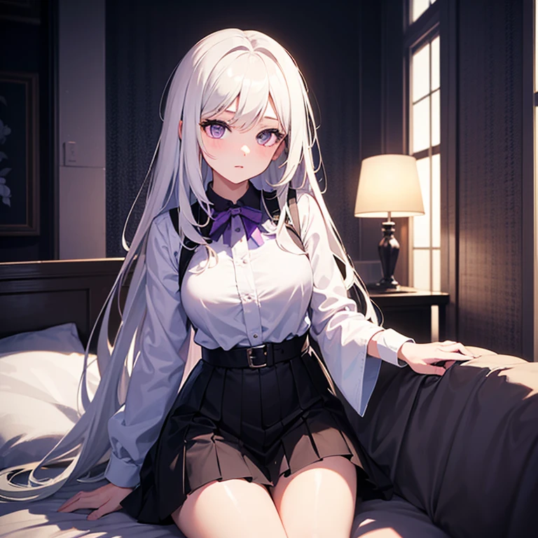 2 extremely sexy lesbians having sex, one has long white hair and a white pleated skirt, stockings and black top. The other has long pink hair and a black pleated skirt, stockings and white top.