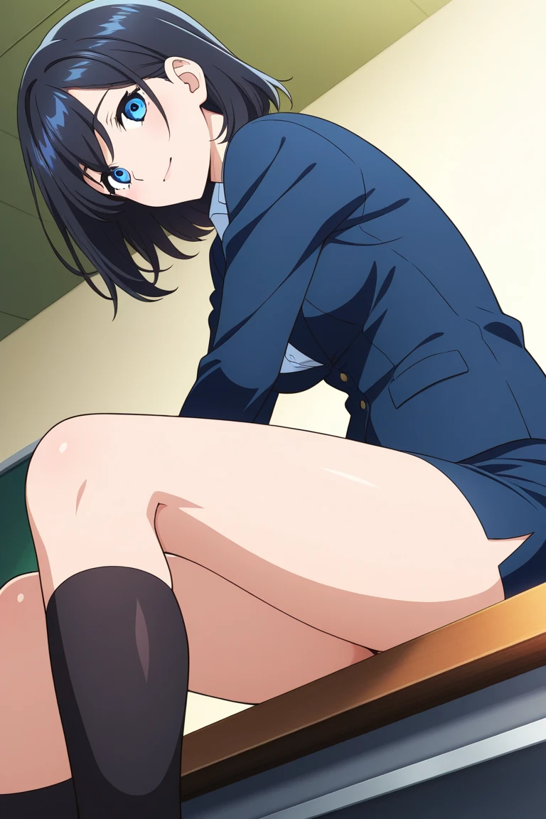 best quality,ultra-detailed,high resolution,newest,1girl,solo,thighhighs,breasts,sweat,steam,school_uniform,white_shirt,rikka takarada,black hair,blue eyes,long hair,black skirt,white cardigan,mini_skirt,pleated skirt,girl trembling with sexual climax,clothed,private room,embarrassed,orgasm,,aroused,arms up,rubber,restrained,Chair,female masturbation,big black dildo,sitting,,,clenched teeth,front view