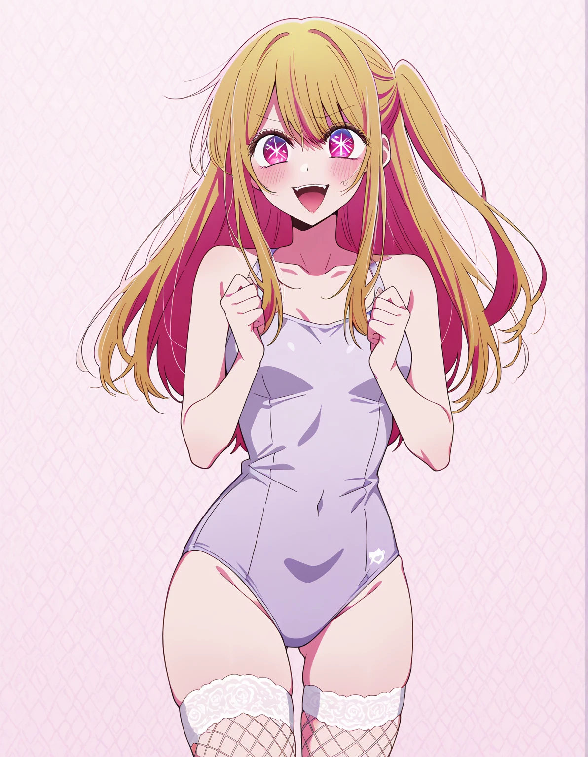 An absurd solution, High resolution, (masterpiece: 1.4), Super detailed,  , Ann Takamaki from Persona 5 in a pink ビキニ, Gym, blush, sweet, Fascinating,Pink Bondage,Open the zipper,I can see her black frilly pants,, smile, in love, Whole Body,  Happy body gestures , pink socks , Plain pink bikini,  Bikini Pink, people, 