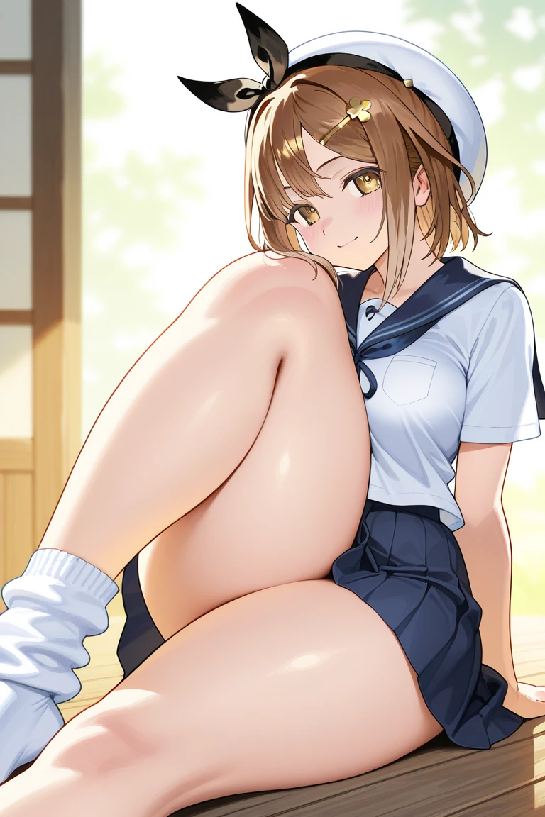A girl in a sailor's suit sits on a stick,The sticks are erected,The girl's face flushed,There are no clothes on the chest,The body is half-naked