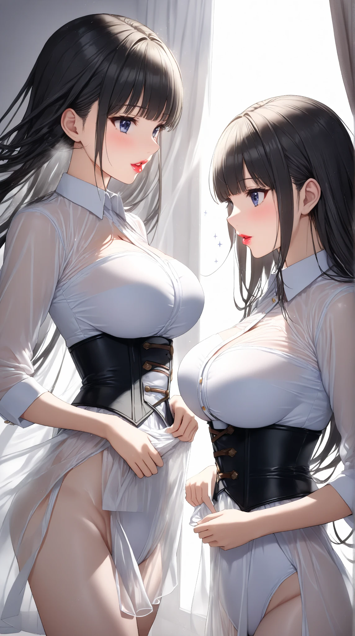 2lady(different hair style and clothes color), ((ultra-quality)), (Bukkake:1.5), (side view), (profile), (bare shoulder:1.3), (black tube top), (short skirt), (side hip), (sexy thighs), (nude lower body:1.3), (natural pussy), (cum is overflowing from the crotch:1.3), (in 8K), (arms behind back:1.5), (arms are down), ultla highres, Hyper Detailed, High contrast, Ultrafine Strike, creative refinement, absurdres, Realistic, extremely detailed CG unified 8k wallpaper, Highly detailed, High-definition raw color photos, professional photograpy, Realistic portrait, Cinematic Light, Beautiful detailed, 28 years old woman, (realistic skin:1.3), (shiny skin), (Best Quality:1.4), Super Detail, High quality, ​master piece, lifelike, (After SEX), Bukkake, Perfect face, (cum on chest:1.5), (Bukkake:1.3), (cum on clothes:1.3), (Sharp Focus), (Cowboy shot:1.3), (close up), Delicate Beautiful Hair and Eyes and Face, Delicate eyes, radiant eyes, Lifelike, Hyper-detailing, (Sheer areola), (colossal breasts:1.7), (big breasts:1.7), (Beautiful breasts:1.5), (covered breasts:1.5), (arms behind back:1.3), Beautiful cute woman, camel-toe details, (NSFW), wet clothes, pale black eyes, (dark bob hair), (ponytail), (asymmetrical bangs),