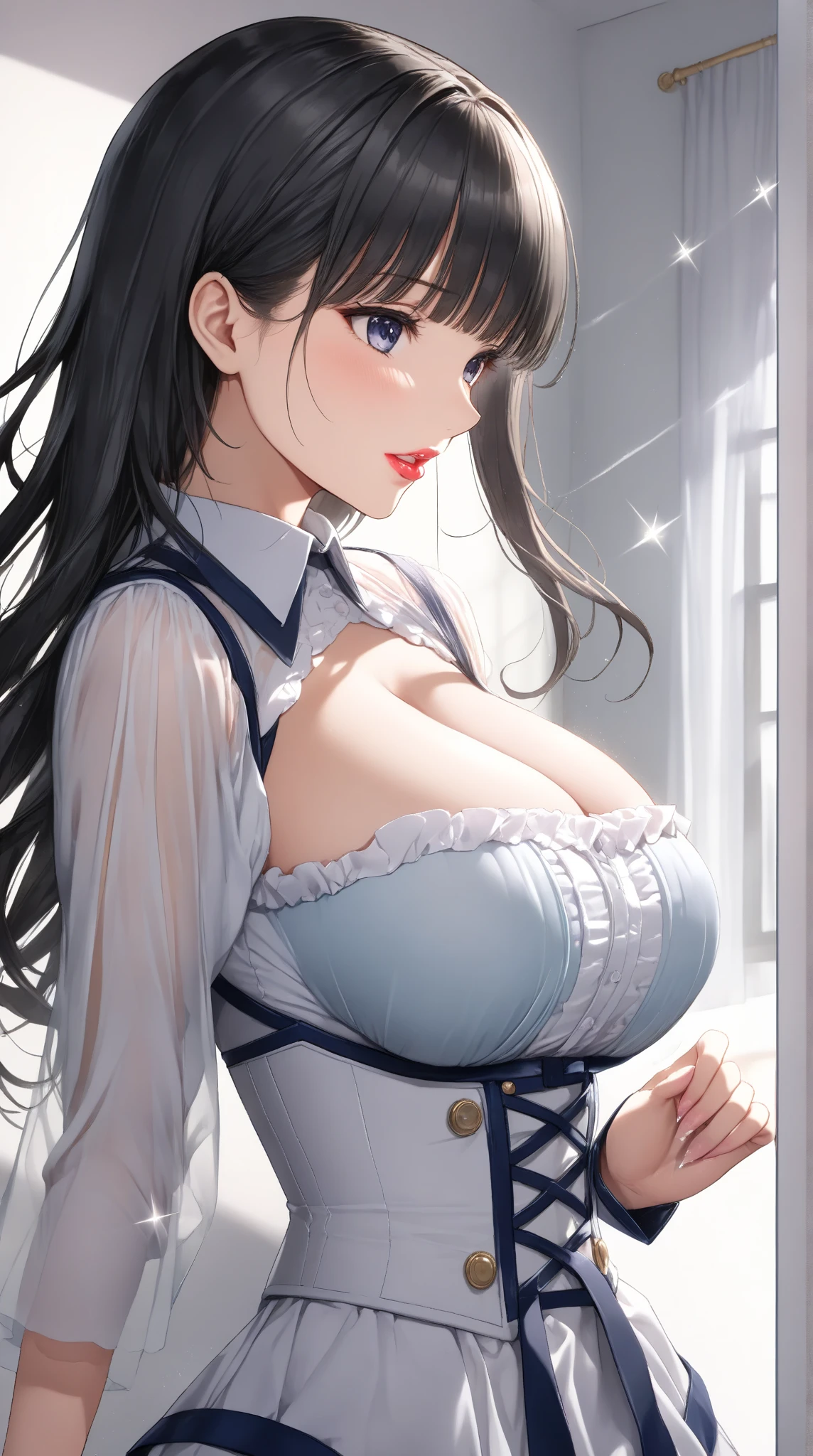 (masterpiece: 1.3、Highest quality、Ultra-high resolution、Very detailed)、(Real、Photorealistic: 1.4)、Beautiful illustrations、Perfect lighting、Natural light、Depth of the Boundary、Beautifully detailed hair、Beautifully detailed face、Beautiful details、Beautiful body、Firm breasts、Beautiful Hands、Show to the viewer、One girl、Very cute mature woman、(Perfect Anatomy、Anatomically correct)、Cute and symmetrical face、Baby Face、Perfect Face、Perfect Eyes、Shiny skin、(((A woman around 20 years old)))、Black Hair、((Long Hair))、((Straight Hair))、Long eyelasheedium sized breasts)))、((In the city、Luxurious mansion))、(Cute Smile、Open lips、Collar with bow tie)、(Cleavage)、((House Maid))、Cowboy Shots