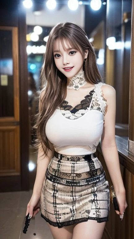 Tabletop, Highest quality, figure, Super detailed, In detail, High resolution, 8k wallpaper, Perfect dynamic composition, Beautiful attention to detail, Wavy long hair,Big breasts Natural color Lips, Sexy pose,smile,Harajuku、25-year-old woman、Beautiful woman、Looking at the camera、Super Real、(((Reality:1.5))),(((blouse、skirt:1.5)))、Standing posture、Angle from directly above、Brown Hair、blue eyes、(((One Woman:1.5)))
