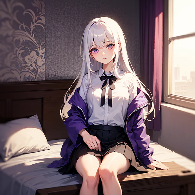 Anime Girl 2d Long Hair Loose light Purple-Grayish, Age Adulthood adult, in none suit sexy blushed sit over a bed