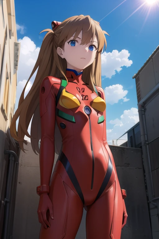 nsfw、show off nipple、Sugar Angle, Asuka Langley Soryu, (Soryu Asuka Langley:1.2), Long Hair, bangs, blue eyes, Brown Hair, hair ornaments,
break bodysuit, Pilot Suit, Plug Suit, (Red bodysuit:1.5), Interface Headset,
break outdoors, city, null, cloud, sun,
break looking at viewer, (Cowboy Shot:1.5),
break (masterpiece:1.2), highest quality, High resolution, unity 8k wallpaper, (figure:0.8), (Beautiful fine details:1.6), Highly detailed face, Perfect lighting, Highly detailed CG, (Perfect hands, Perfect Anatomy),