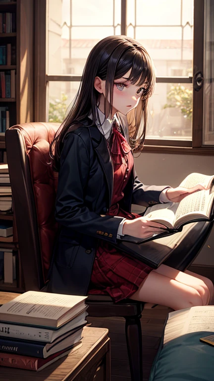 solo,masterpiece, best quality,
school uniform, (black kneehighs:1.3), pleated skirt, long legs, (full body:1.3),
holding book, library, sitting, looking at viewer,
uwabliang2, <lora:uwabliang2:0.8>