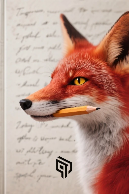 Create a poetic book layout featuring a sleek logo of a fox's head (cartoon animal) holding a paint brush in its mouth. The fox is looking directly at the viewer with a discerning (as if subtly staring into viewer's soul) from direct front view, contemplative gaze, its elongated snout pointed slightly downward, obscuring its mouth. In the background, include ambiguous, handwritten poetry that appears faded or blurred to create depth and mystery. The fox overlaps the poetry, which is positioned behind it, symbolizing inspiration and creativity. Beautiful, masterpiece, high detail. Bright Red Fur, Yellow Eyes, Slit Pupils. Sharply Defined Cheek Fur.