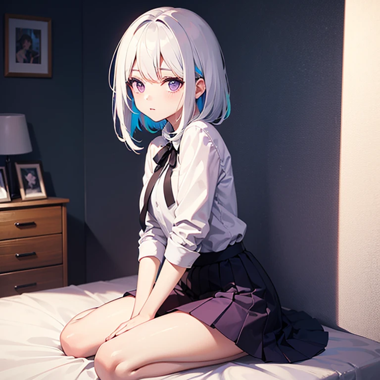 absurdres, RAW photo, extremely delicate and beautiful, masterpiece, Best Quality, ultra high resolution, 32k, hyperrealistic, ultra-detailed, super Detailed skin, perfect figure, Very detailed CG 8k wallpaper, in her 20s, very small head, very small face, delicate facial features, tearful mole, earring, very huge round breasts, full body shot, shorter middle hair, wavy hair, ((school uniform)), bedroom,