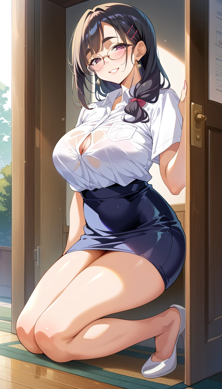 (table top, highest quality, High resolution, , perfect pixel, 4k,), 1 girl, single, alone, Beautiful woman、I could see the whole body、 ((wavy mid hair, bangs, brown hair)), ((brown eyes, beautiful eyelashes, realistic eyes)), ((detailed face, blush:1.2)), ((smooth texture:0.75, realistic texture:0.65, realistic:1.1, Anime CG style)), medium breasts, dynamic angle, perfect body, ((, female teacher, , earrings、necklace、white shirt with collar、Shirts without buttons、、black knee high stockings、open both legs wide、、shy smile、Sit on the floor、leaning forward)), Upper grade、、、evening、、You can see her light blue and yellow lace panties and bra..、、(Bring your chest and arms together、Lift up your skirt and show your panties、The wind blows up my skirt)、angle from below)、
