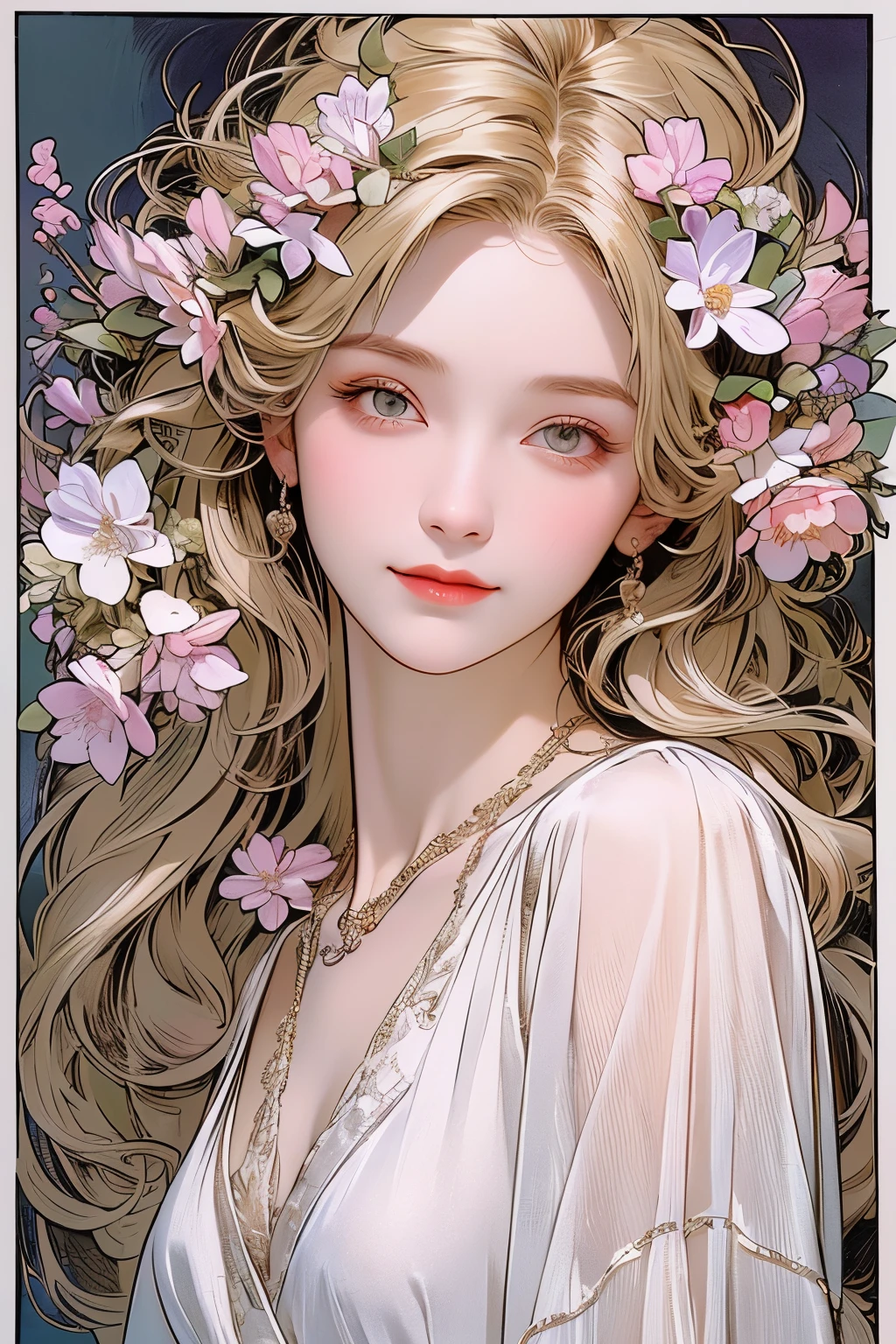(Oil painting of a young, beautiful woman), striking portrait, (calm, gentle, girlish smile), ((almost straight, medium-length blonde silver-gray hair)), (Close-up), glossy lips, (simple, urban, sharp shirt in soft colors), (slim figure), small necklace, fine and precise details, small spring flowers, monochrome futuristic city, muted colors, bright primary colors used partially as accents, use of contour lines, clean line drawing, (Alphonse Mucha-style composition), (stylish decorative frame in the Art Nouveau style), Masterpiece!, Beautiful!, Wonderful!, Perfect!