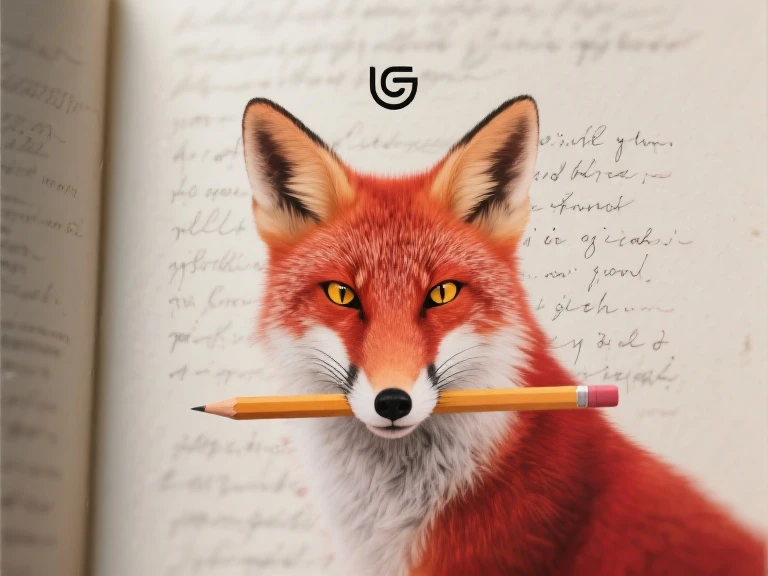 Create a poetic book layout featuring a sleek logo of a fox's head (cartoon animal) holding a paint brush in its mouth. The fox is looking directly at the viewer with a discerning (as if subtly staring into viewer's soul) from direct front view, contemplative gaze, its elongated snout pointed slightly downward, obscuring its mouth. In the background, include ambiguous, handwritten poetry that appears faded or blurred to create depth and mystery. The fox overlaps the poetry, which is positioned behind it, symbolizing inspiration and creativity. Beautiful, masterpiece, high detail. Bright Red Fur, Yellow Eyes, Slit Pupils. Sharply Defined Cheek Fur.