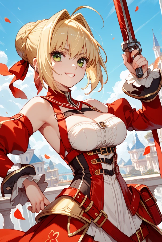 Huge perfect breasts excellent round fully reinforced、Perfectly placed and detailed parts、Do not show skin、Perfect physique、Super Giant Giant Lady、Red combat suit、a miniskirt、Red spats、Black long boots、Yellow round brooch on the chest４pieces、Yellow muffler fluttering in the wind、Green eyes、Short-cut blonde hair、red hairband、Laser Gun、Smile softly、