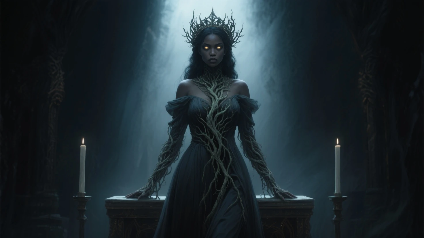 Beautiful sacer with long gothic style dress, in dark forest with Ambar on the floor, head, complex 3d render ultra detailed, 1women, looking at the viewer, (PureErosFace_V1:0.6), 30 yo, long black hair with golden crown, wet hair, pure, real human skin, huge breasts, pure and black golg, vibrant details, hyper-realistic, beautiful background (room: 1.2), octane render, 8k, best quality, masterpiece, an extremely delicate and beautiful, extremely detailed, CG, unit, wallpaper, (realistic, photo-realistic: 1.37), amazing, fine details, masterpiece, best quality, official art, extremely detailed CG unit 8k wallpaper,