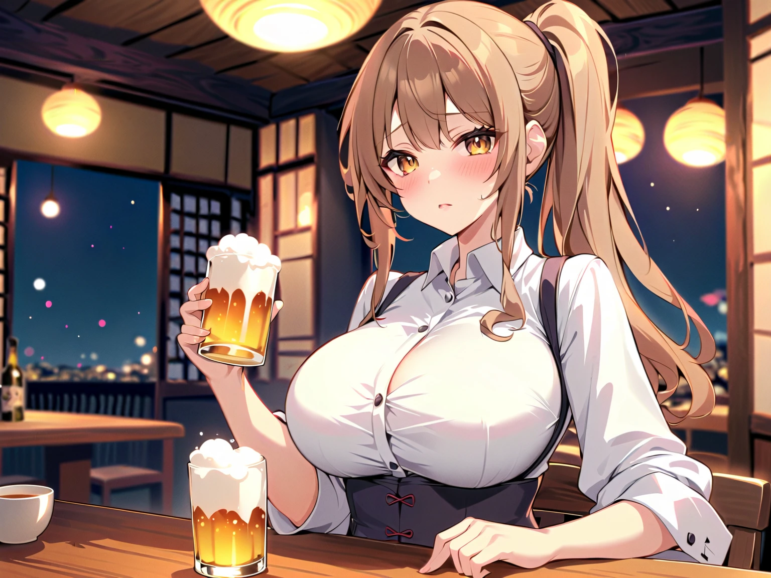portrait photo of BrittBaker beautiful woman (Mila Kunis, huge breasts overexposed) hair updo upsweep nightclub sitting at bar (masterpiece) (best quality) (detailed) (8k) (HDR) (wallpaper) (cinematic lighting) (sharp focus) (intricate)