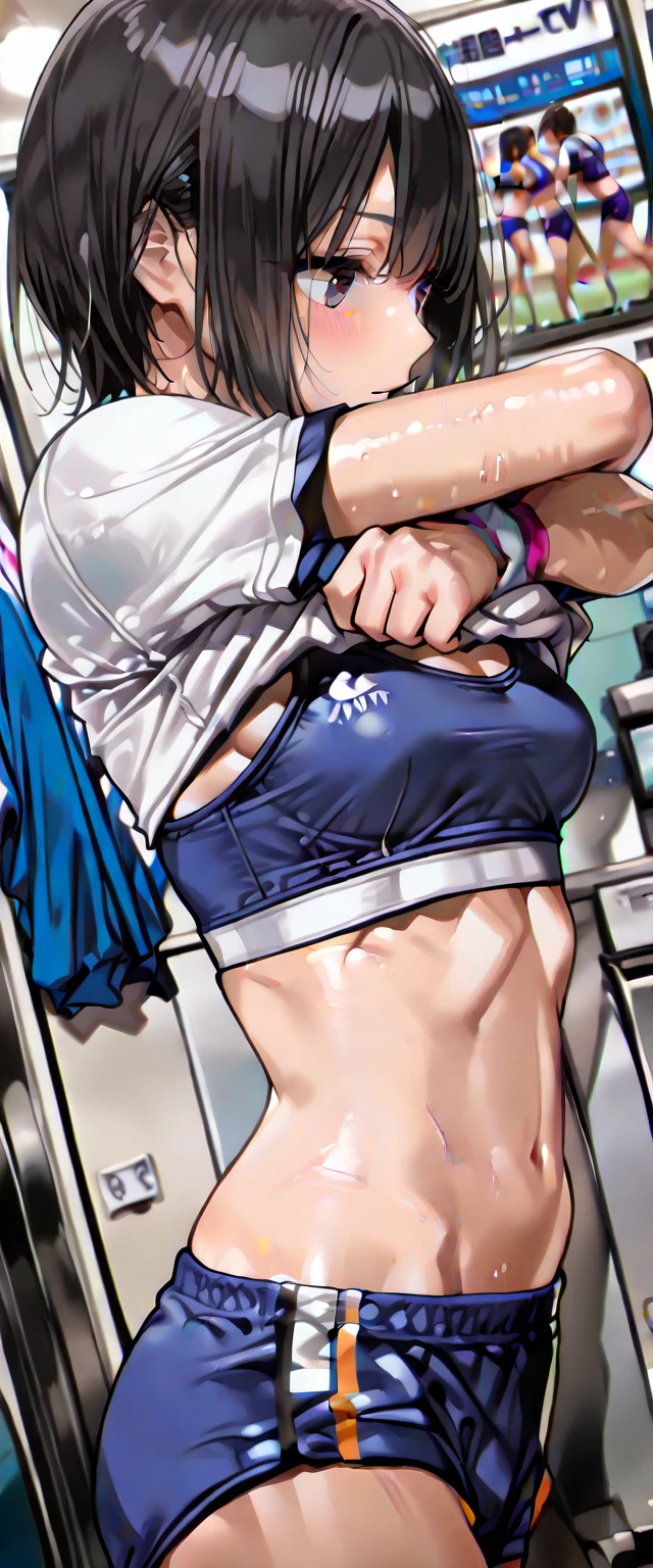 score_9, score_8_wonderful, anime, NSFW Hololive,Minato Akua, Pink hair, smelling your own armpits, armpit odor, huge ass, easy-to-give-birth body type, armpit hair, locker room, questioning face, panties aside, pussy, pussy juice, 1boy kiss