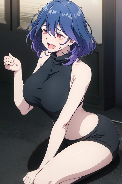 1 milf & 2 man, purple and slightly black hair, wearing a black tank top, cynical look, angry face, white background, erotic, full body, sex scene, butt, clothes off, doggy style sex