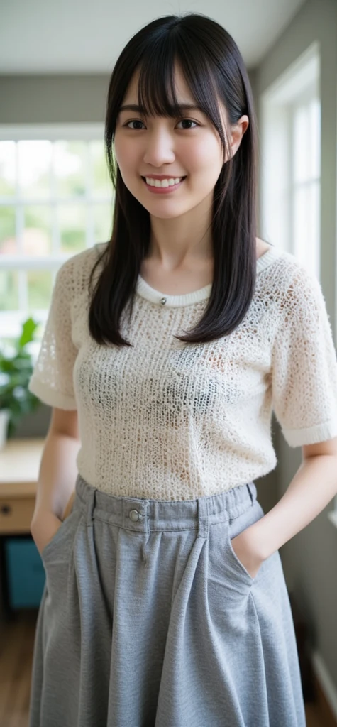 Masterpiece, Photogravure, High quality, Ultra-high resolution, 8K, Realistic, (Intricate details: 1.2), A skinny Japanese actress, 40 years old, {short|long} hair, cute face, detailed face, beautiful eyes, detailed eyes, small breasts, hourglass figure, anatomically correct body structure, (wearing a loose knit camisole next to the skin: 1.4), obscene pose, (tilted head: 1.2), looking into the camera. a photo captured at a refreshing room filled with sunlight, white floor, white walls, house hold items, (plants: 0.8), in summer. Top view photo, full-body photo