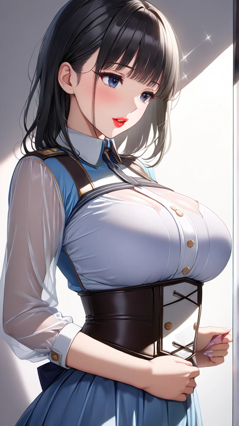 ((highest quality)),(ultra high resolution),(Super detailed),(detailed description),((best CG)),(best work of art),super precision art,amazing drawing art,(Art with precise details:1.5), (1 female policeman:1.6),(serious:1.4),(Light blue shirt:1.6),(Big breasts highlighted with a harness:1.5),(tight mini skirt:1.5)