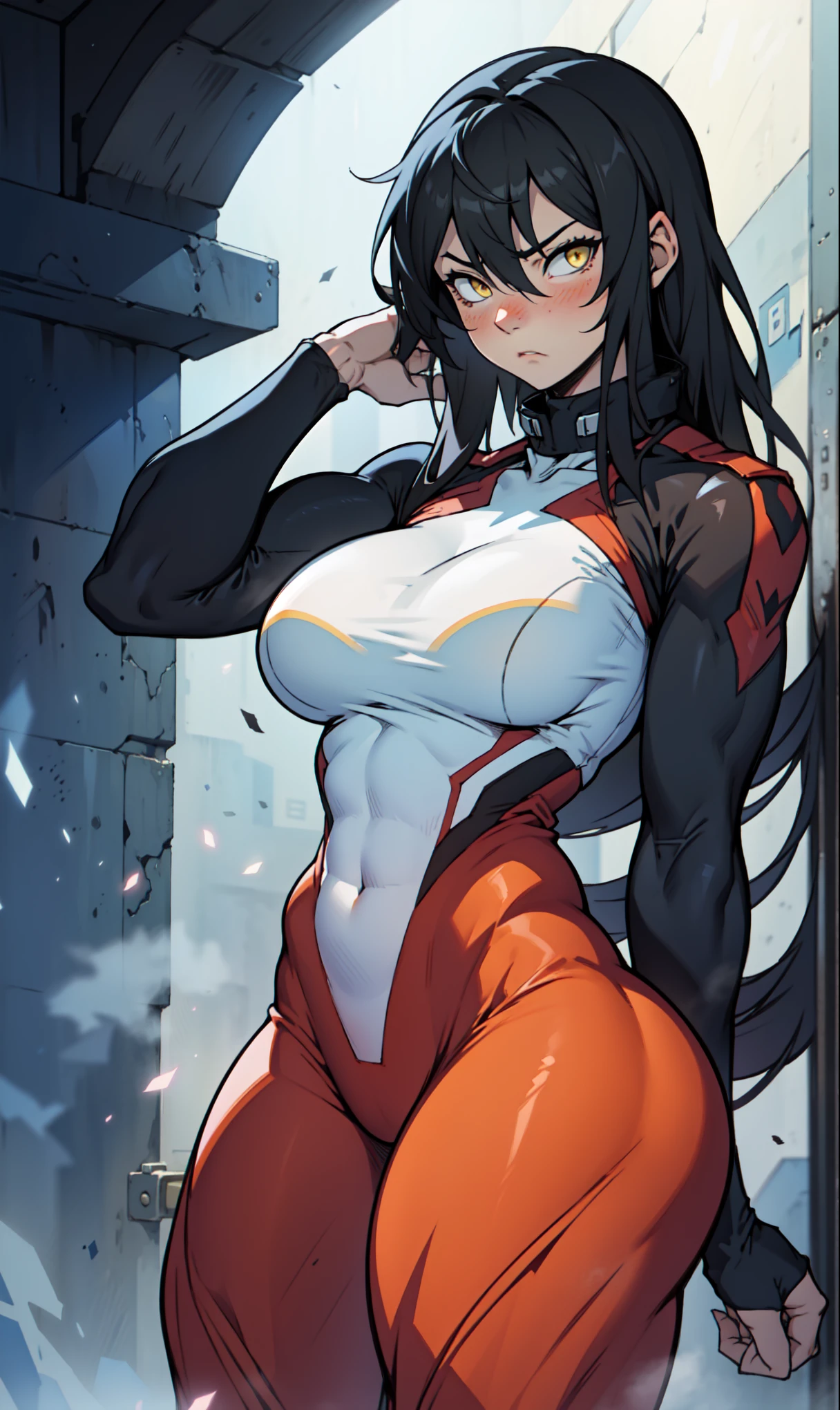 best quality best quality best quality black hair yellow eyes pale skin muscular huge breasts thick thighs angry solo extremely long hair girl body suit highly detailed highly detailed thick thick