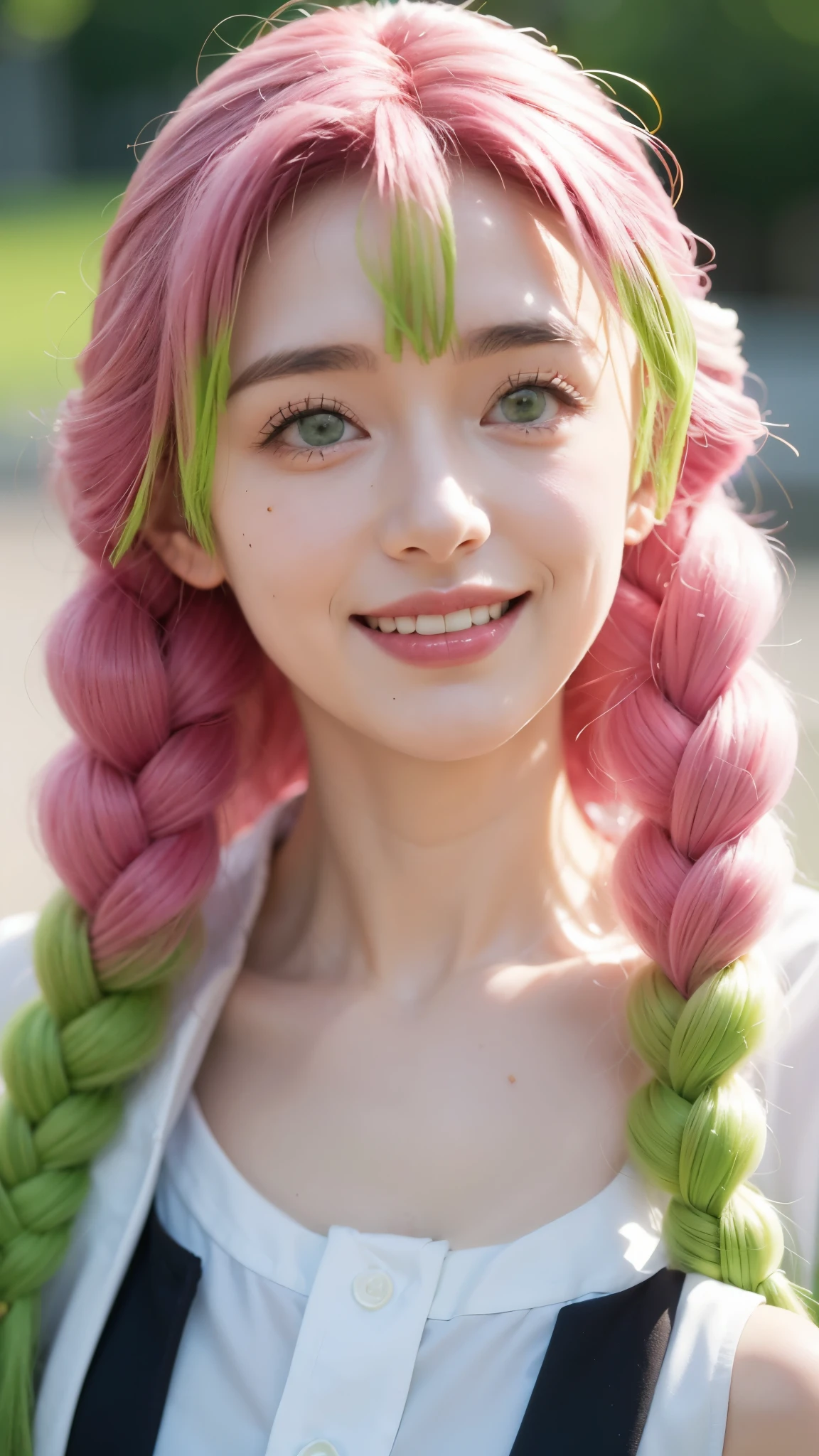 A hyper-realistic portrait of a beautiful young woman inspired by Kanroji Mitsuri from Demon Slayer, depicted as if she existed in the real world. She has long, flowing pastel pink and lime green hair styled in thick braids, large bright green eyes full of warmth, and a gentle, radiant smile. Her skin is flawless and fair, with a soft natural glow. She wears a modern yet subtly anime-inspired outfit that complements her vibrant hair colors. The background is softly blurred to highlight her detailed facial features. Ultra detailed, 8K resolution, cinematic lighting, realistic textures, expressive eyes, lifelike skin.