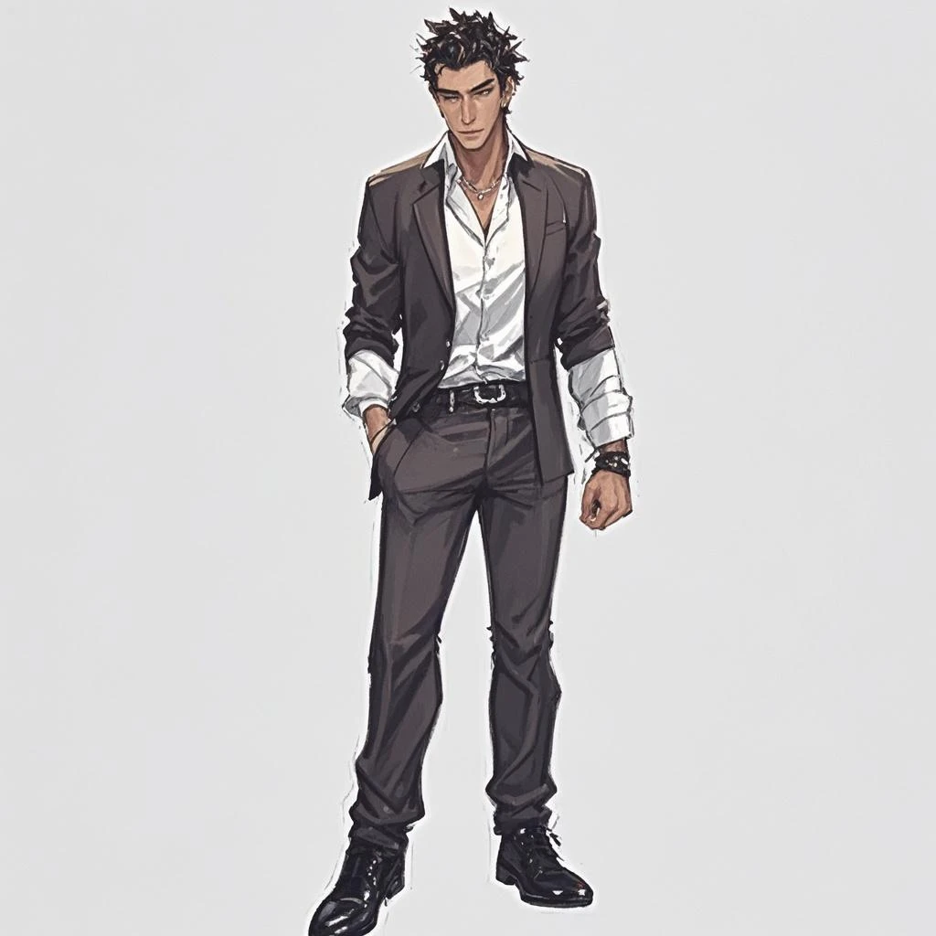 Lebanese businessman in a suit, early 30s, slick hair broad shoulders wearing a suitanimated style of early 2000s cartoon network show full body::4 , model sheet turnaround, full color, two thirds view, front::4 view and back view --niji 5 --ar 3:2 --style expressive