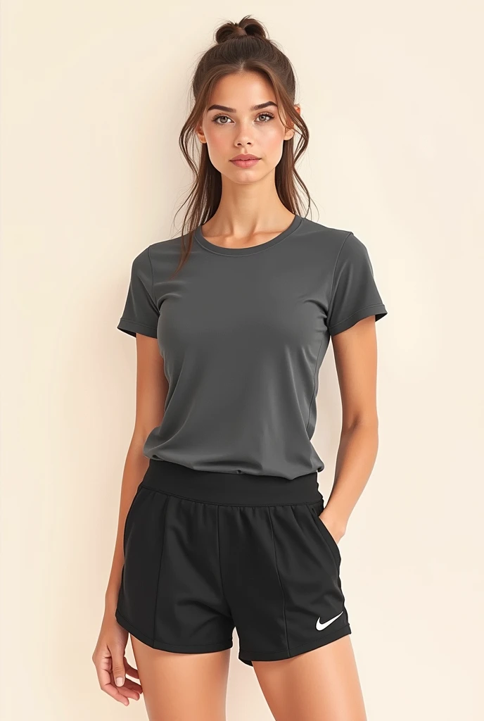 a woman in a gray shirt and jeans posing for a picture, wearing polo shirt, blackw, collar shirt, antracite, wearing a dark blue polo shirt, perfect  detail, manga curta, meia imagem, gray dark, detailed photo, detailed photo com zoom, gray shirt, Full-body close-up, shot close to the body, in a dark teal polo shirt