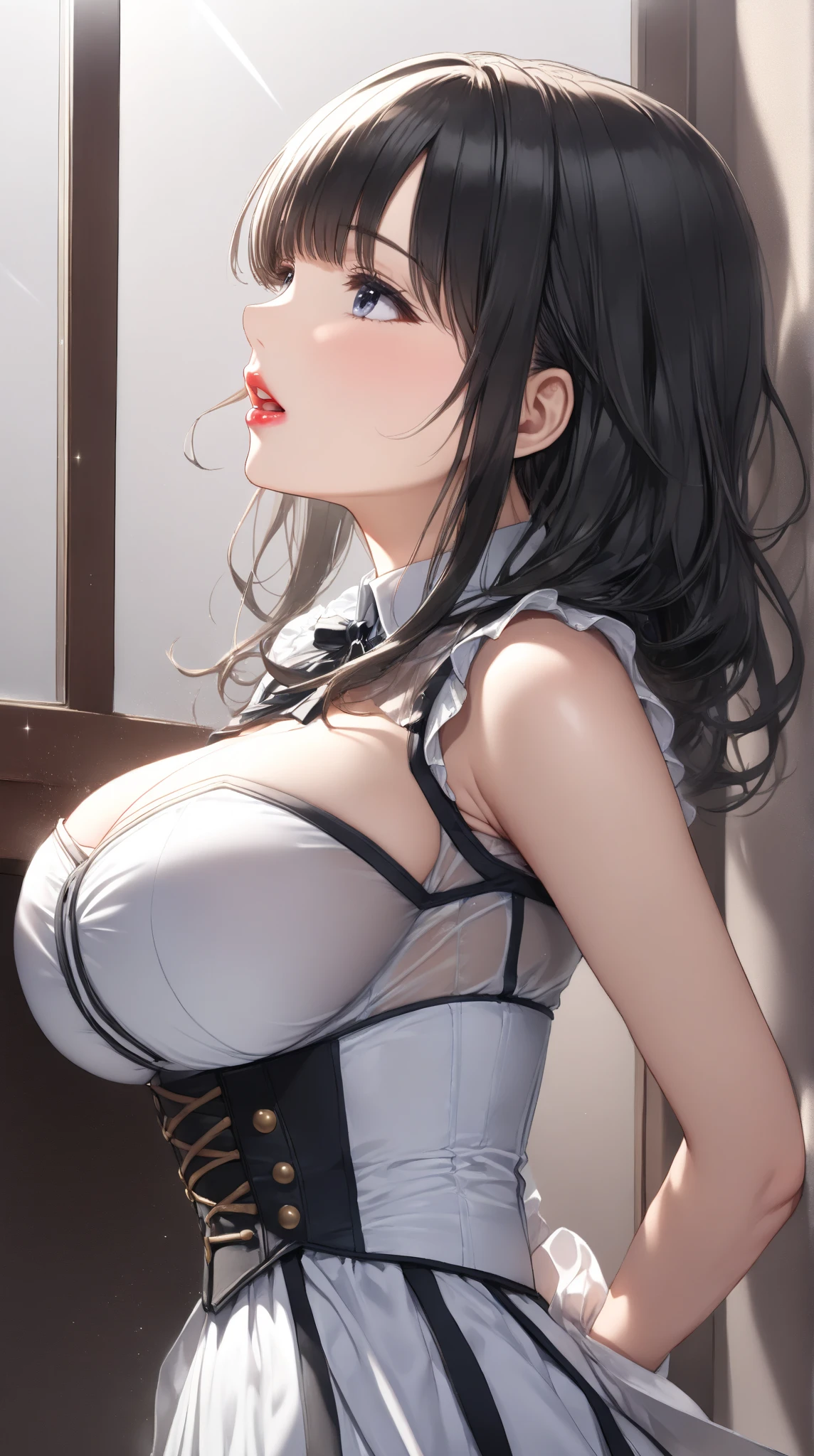 (masterpiece:1.3), high resolution, ultra detailed, extremely detailed CG unity 8k wallpaper, realistic, photo-realistic, beautiful detailed face, pale skin, realistic glistening skin, detailed cloth texture, detailed hair texture, Perfect body, Beautiful Face, accurate, Anatomically correct, Highly detailed face and skin texture, natural neck length, (beautiful hands), (fair skin:1.2), Detailed eyes, symmetric eyes, Light red eyes, Double eyelids, Thin eyebrows, (Glossy lips:1.4), (gently smile:1.2), BREAK, (A Classy and Cute girl:1.3), (1 girl), (White pleated medium skirt), (long beautiful black boots), (medium breasts, slender figure,bra ), beautiful clavicle, (black hair, wavy hair, long hair:1.3), ((asymmetrical bangs:1.2)), BREAK, ((Walking close to me in the her stylish house in Japan:1.3)), (looking at viewer:1.2), ((Focus on face:1.2)), (Full body shot:1.2),