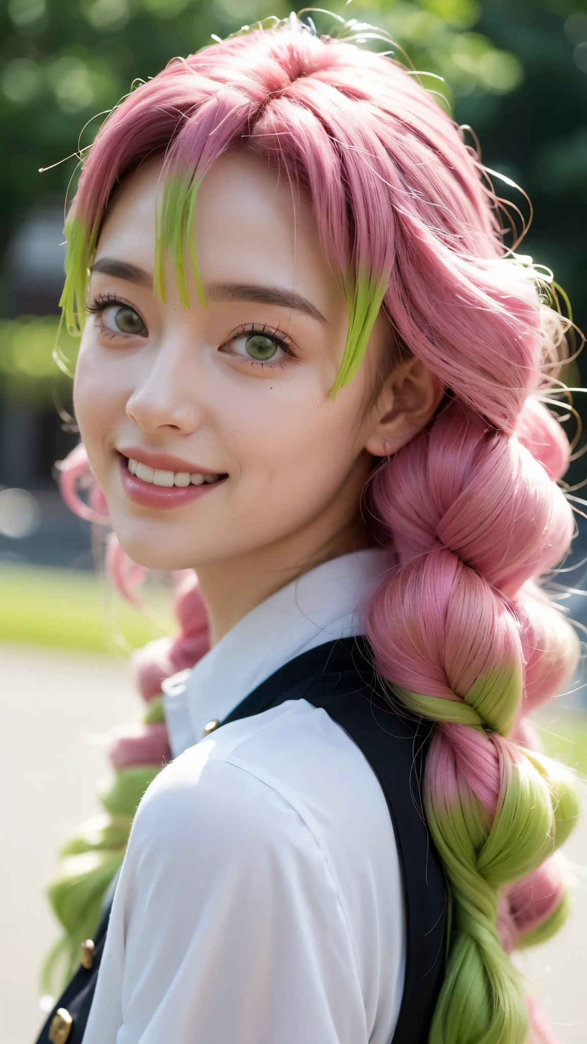 A hyper-realistic portrait of a beautiful young woman inspired by Kanroji Mitsuri from Demon Slayer, depicted as if she existed in the real world. She has long, flowing pastel pink and lime green hair styled in thick braids, large bright green eyes full of warmth, and a gentle, radiant smile. Her skin is flawless and fair, with a soft natural glow. She wears a modern yet subtly anime-inspired outfit that complements her vibrant hair colors. The background is softly blurred to highlight her detailed facial features. Ultra detailed, 8K resolution, cinematic lighting, realistic textures, expressive eyes, lifelike skin.