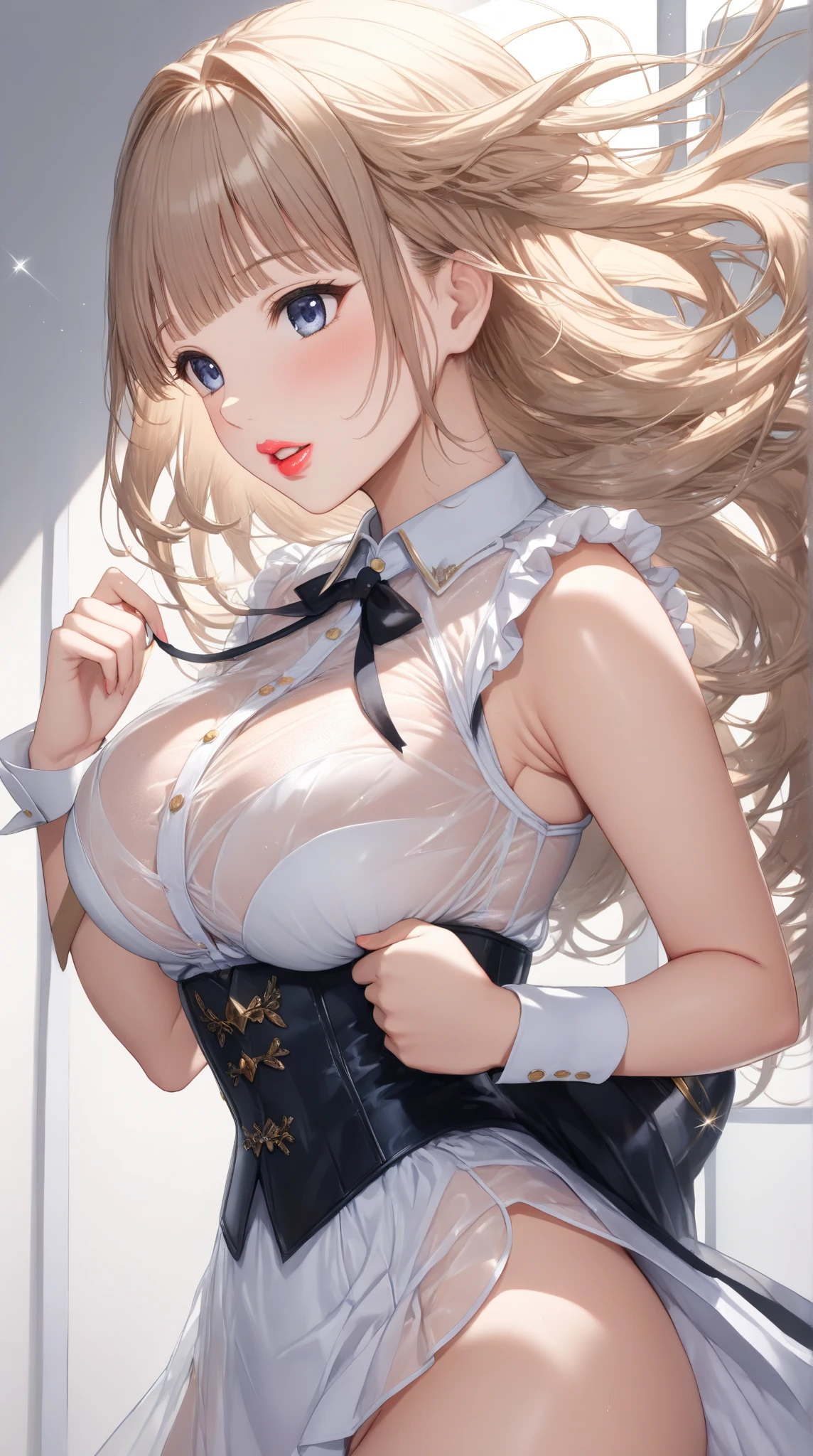 top-quality、realistic touch,high-detail、photoRealstic、skirts that are too short、big eye、Big breasts that are about to fall out of your clothes、Strong platinum blonde eyelashes、platinum-blonde、Beautie、A sexy、full body Esbian、Sparkling eyes、Submissive smile、Flushed cheeks、Kamimei、thin-waist、Voluptuous thighs、Enraptured look、Raked bangs、The forehead is protruding、See-through clothing、Inside a dim wooden room with no lights or windows、She is chained off-screen with a collar and chain..、With my mouth wide open、Sticks out her very long tongue、Get on all fours, bend your elbows and bring your face close to the floor.、long tongue、Sticks out her very long tongue、Sticks out her very long tongue、She licks the white sauce directly from the plate on the floor、Licking the white sauce with an extremely long tongue、Clothes made of thin, transparent fabric、intensely flushed face、