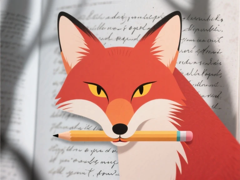 Create a poetic book layout featuring a sleek logo of a fox's head (cartoon animal) holding a paint brush in its mouth. The fox is looking directly at the viewer with a discerning (as if subtly staring into viewer's soul) from direct front view, contemplative gaze, its elongated snout pointed slightly downward, obscuring its mouth. In the background, include ambiguous, handwritten poetry that appears faded or blurred to create depth and mystery. The fox overlaps the poetry, which is positioned behind it, symbolizing inspiration and creativity. Beautiful, masterpiece, high detail. Bright Red Fur, Yellow Eyes, Slit Pupils. Sharply Defined Cheek Fur.