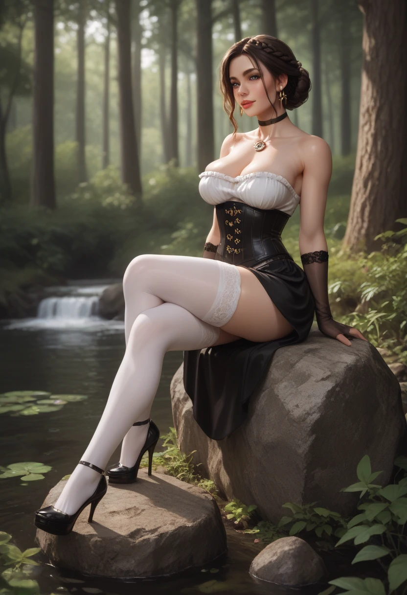(whole body:1.5),octane rendering, 8K, best quality, masterpiece, backlit scene, midnight,illustration, extremely delicate and beautiful, detailed,extremely detailed,CG,Unite,wallpaper,Astonishing, fine details, realistic art: 1.2 ,masterpiece, best quality, official art, extremely detailed CG Unite 8K wallpaper,1 girl, 16 years old, wearing corset and stockings, sitting down, campfire, skinny body, talking, animated facial expression, green eyes, dark brown hair, widows peak, pretty symetrical face, shiny wet skin, pale complexion, thin waist, narrow hips, long legs, skinny body, small breasts, , Realistic photos, (hiqcgbody) ,perfect female figure,