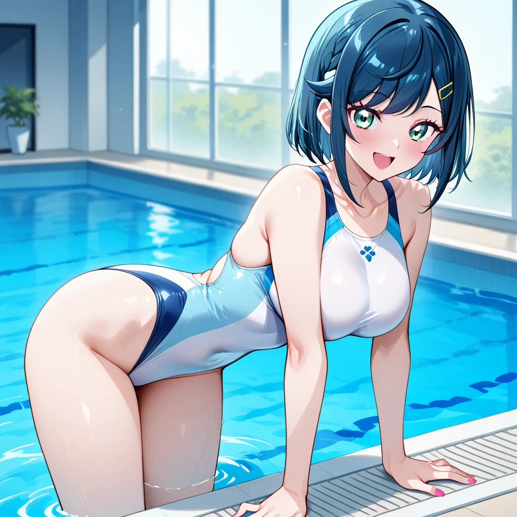((anime:1.35)),,((best quality)), ((highly detailed)),(((sketch))) extremely detailed face, beautiful face,((1girl)),((solo)),shiny skin,((cowboy shot:)),looking at viewer ,hikawa hina,(aqua hair) , side braids, twin braids, hair bow,, nipples,large areolae,nsfw,((nude:1.35)),((nude:)),((nude:)),((hanging breasts:1.25))((medium breasts:1.15)),((pussy:1.35)),,,outdoors,((pool,:1.35)),((standing:1.35)),((nose blush:1.25)),(happy,,smile:0.95),open mouth,:o,,,arm behind back