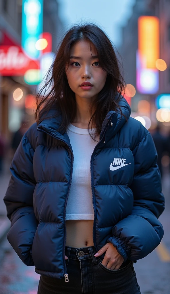 Beautiful asian 16 year old girl, black shiny north face puffer jacket, satin adidas tracksuit pants, sexy pose, large breasts, blue silk bra