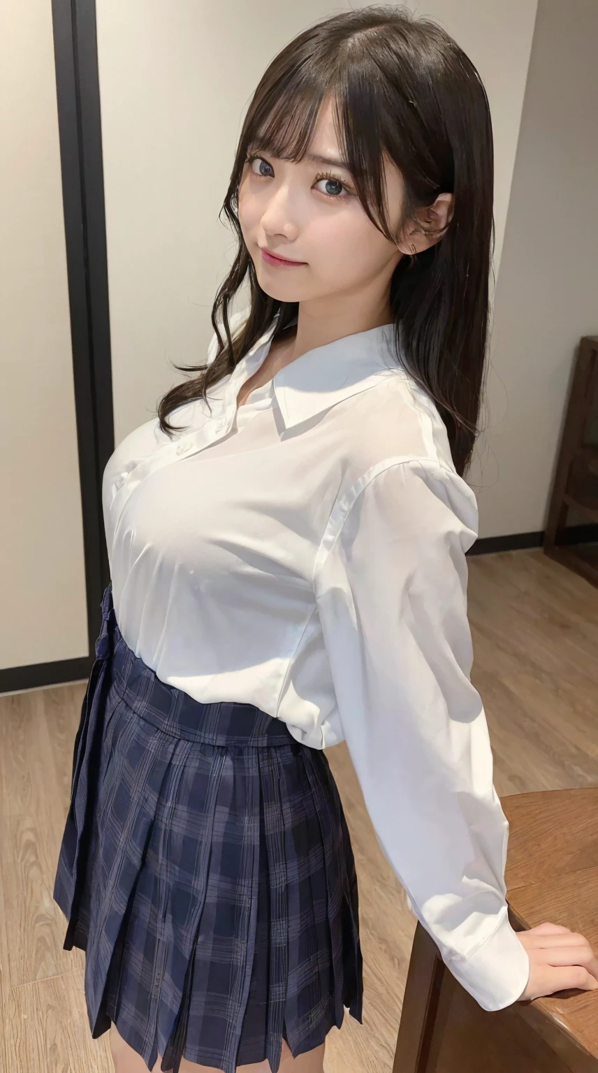 (Detailed skin:1.2),(Shiny skin:1.1),8K,Highest quality, masterpiece, Ultra-high resolution,(Realistic:1.4), RAW Photos,(Soft saturation:1.3),(Fair skin:1.2),Japanese Idols,repair,20 years, Light brown hair, （Shore Surf:1.2)、（Long Hairstyles:1.2), Asymmetrical Hair, Asymmetrical bangs (Pretty face:1.4), (Large Breasts, Tight waist), Beautiful lighting, Small Head, (Student Uniform:1.2,),Highly detailed face, Highly detailed lips, fine grain, double eyelid,（Full Body Shot）, Browsing Caution, （Sharp focus: 1.2）, （Perfect Anatomy、Beautiful woman with perfect figure: 1.2）、Random sexy poses，Accentuate your leg lines、Smiling