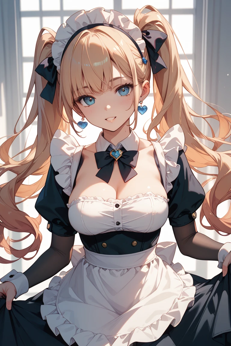 ((Highest quality)), ((masterpiece)), (detailed), Perfect Face,Gothic style,At the residence,Show me your face,Big smile,dazzling,happiness,happinessな時間,blonde,ribbon,Put your hands in your hair,beautiful girl,Long Hair,velvet,corset,Frills,organdy,Lace clothes,crinoline,Head ornament,Put your cheek on your hand,Blurred Background,((Highest quality、High resolution))、Portraiture、Perfect body、Beautiful and bountiful breasts、Sexually excited expression、((throw、maid shows pussy))、Love Juice、I'm inviting you to have sex