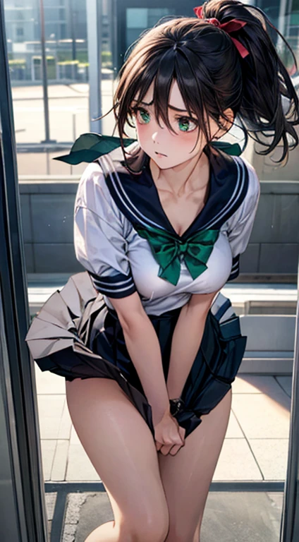 ((tennis wear, tight polo shirt, tight mini skirt)), outdoor, absurdres, RAW photo, extremely delicate and beautiful, masterpiece, Best Quality, ultra high resolution, 32k, hyperrealistic, ultra-detailed, detailed description, detailed beautiful face and eyes, tearful mole, earring, full body shot,