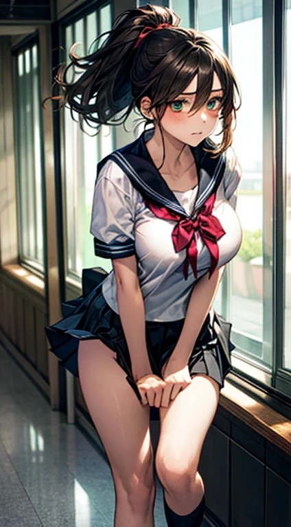 ((Highest quality)), ((masterpiece)), (detailed),Perfect Anatomy,School classroomでとても可愛い童顔の1人の黒髪の女性,((Highest quality, 8k, masterpiece: 1.3, )),A woman with very small breasts,Well-proportioned, slim body,Long, slender legs,Long, thin hands, detailedな顔, detailedな肌, fine grain, detailedな唇, detailedな舌, detailedな指, Mouth detailed, Beautiful teeth alignment,Realistic, High resolution, Natural light, Dynamic pose,Toned Legs, double eyelid, Tear bags, Round eyes, Moisturized lips, School classroom,Black leather collar,For white sailor suit,Wearing a very short navy blue miniskirt,A glimpse of her white panties,