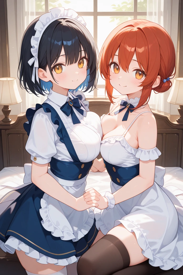 (A high resolution), (absurderes), (best qualtiy), (high qulity), (tmasterpiece), smile shy, ssmile, brown hair, Peach eyes, a pink eyes, short detailed hair, hair straight, Hair above one eye, (The large), whitethighhighs, looking at viewert, dampness, sweat leggs, embarressed, 8K, high qulity, Pubic Area Showing, cinmatic lighting, Clean fingers, Well-Formed Fingers, high detal, Sony FE GM, adolable, Heart eyes, embarressed, drools, nabel, sweat leggs, dampness, The large, white skinned, light colors hair, Reddening cheeks, Clear white skin, shinning eyes, on top of the bed, Colored Contact Lenses, Movement lines, sparkle eyes, Super Big, that are about to burst, Big taut breasts, gigantic cleavage breasts, Dripping sweat, bshoulders, shinny hair, After the Fact, Lower breast, Too big, Clothes for failure, Pubic Area Showing, Eyes of the stars, maidennurse, white brims, Maid clothes, Maid clothes, kiss, kiss face, Kissing soon, My upcoming kiss, tongue stickout, drools, twogirls, 2 girls, drools