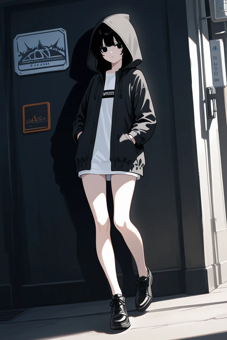 masterpiece, high quality, nsfw, 1girl, 4years old, standing on one leg, full body, black hair, chest length hair, tendrils, blunt bangs, pale skin, skinny, (grin), black eyes, narrow eyes, close up, white tank top, blue denim hot pants, (from below), (looking down at viewer:1.3), (black calf socks:1.4), (foot focus:1.3), (steam:1.4), (humid:1.4), (sweat:1.2)